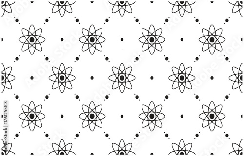 Black atom symbols and dots in a repeating diamond pattern seamless geometric
