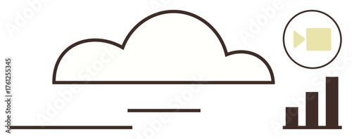 Cloud computing with a video playback icon and bar chart representing data analytics. Ideal for technology, cloud storage, media streaming, online data, technology services, analytics, business