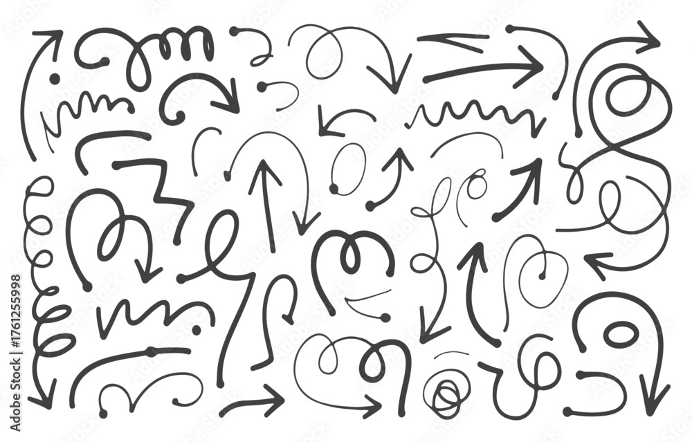 Naklejka premium Collection of Hand Drawn Black Arrows and Swirls on White Background Keywords: arrow, arrows, hand drawn, doodle, sketch, scribble, swirl, curly