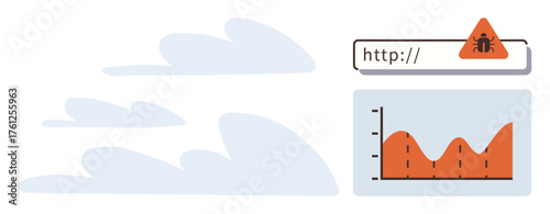 Bug alert triangle on URL bar paired with data chart showing irregular spikes. Ideal for cybersecurity, data security, website monitoring, online threat detection, vulnerability alert, technical