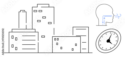 Line art of skyscrapers, airflow through respiratory system, and clock pointing to a partial hour. Ideal for urban life, pollution, environment, timing, health, sustainability simple flat metaphor
