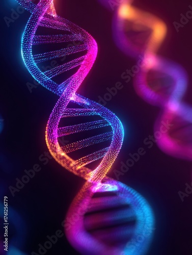 Colorful Neon DNA Double Helix Design Glowing Against a Dark Background Showcasing Intricate Structure and Vibrant Colors