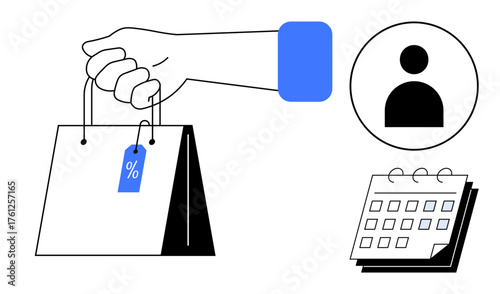 Hand carrying shopping bag with discount tag, user profile icon, and calendar. Ideal for retail, discounts, e-commerce, shopping, promotions scheduling consumer behavior. Minimal flat metaphor