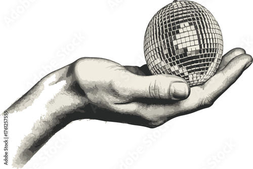Hand holding a reflective disco ball with detailed shading on white background Keywords: hand, holding, disco ball, sphere, mirror ball