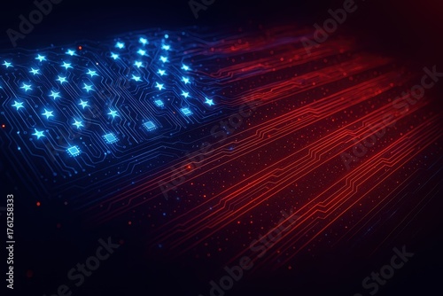 Futuristic American flag made of luminous circuits and data waves symbolizing innovation cybersecurity and digital infrastructure with dynamic depth and motion