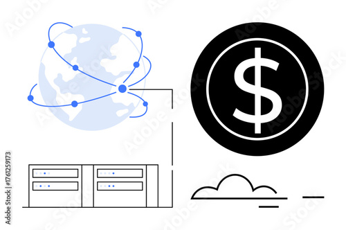 Globe with connected network, cloud servers, and dollar sign visualizing global technology, cloud storage, financial growth, data management, digital economy, internet services, simple flat metaphor