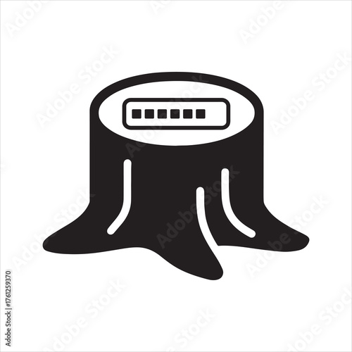 Black vector illustration of a tree stump with a loading bar atop symbolizing technological degradation and deforestation issues globally