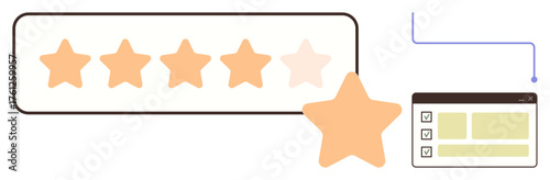 Five-star rating system with one highlighted star and a checklist interface for reviews, evaluations, and satisfaction metrics. Ideal for customer experience, feedback, quality, opinion, grading