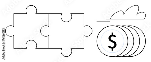Interlocked puzzle pieces beside a stack of coins under a cloud, representing teamwork, problem-solving, financial success. Ideal for teamwork, business, finance, productivity, strategy