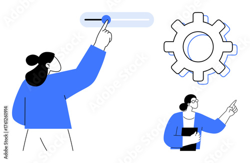 Colleagues engage in teamwork to adjust settings and optimize processes with slider and gear visuals. Ideal for concepts thumbs up innovation, teamwork, technology, process, optimization, management