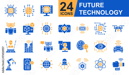 Future Technology Icons set vector illustration. Containing Neural Network, Robot, Digital Twin, Tech Future, Augmented Reality and more. Simple solid icons collection.