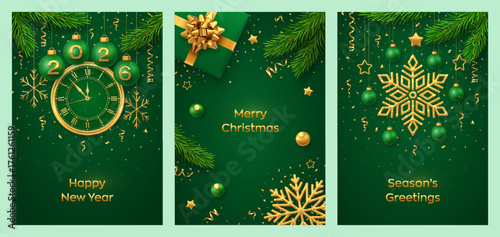Happy New Year 2026. Christmas card set. Green balls with golden numbers 2026. Watch the countdown to midnight. Golden snowflakes. Gift boxes with golden bows and fir branches. Vector illustration.