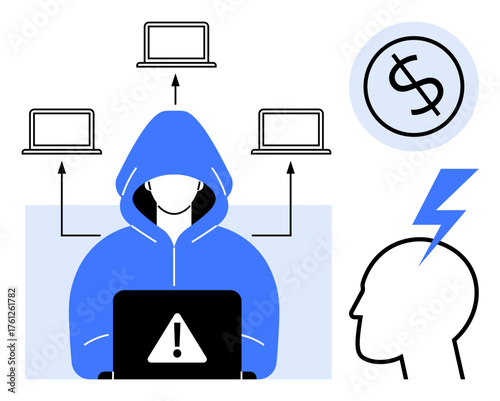 Hacker figure with alert icon on laptop, linked laptops, dollar symbol, and head with lightning. Ideal for cybersecurity, hacking, cybercrime, data theft, online security financial fraud simple