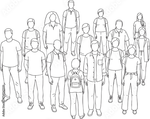 Outline illustration of a diverse group of young people and students with backpacks standing together.