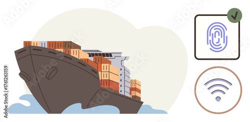 Cargo ship carrying containers on water alongside fingerprint and wireless icons indicating modern technology integration. Ideal for global trade, smart shipping, digital transformation, logistics