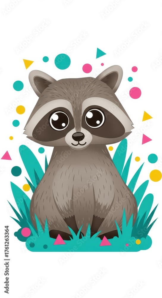 Obraz premium Cute cartoon raccoon sits in playful green foliage with colorful confetti.