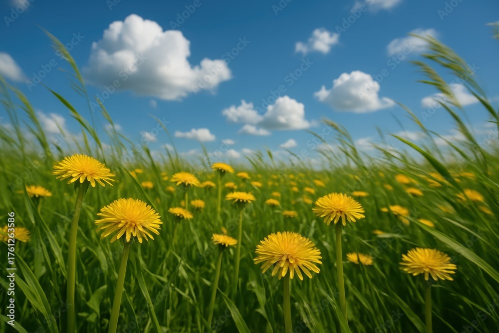 Fototapeta premium Sunny wildflower meadow with dandelions swaying under blue sky bright cheerful nature scene ideal for seasonal greetings wellness campaigns and wall art