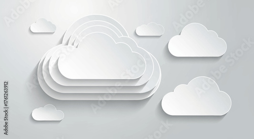 Minimal white cloud paper cut style design on a soft gray background. Modern abstract 3D cloud illustration perfect for technology, data storage, weather, and cloud computing concepts. 