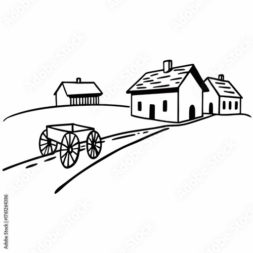 Rural landscape with simple houses and a cart on the path  