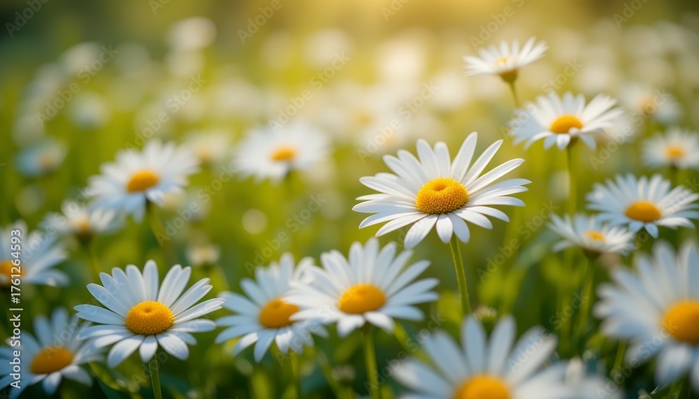 Fototapeta premium Close up view of vibrant white daisies blooming in a sunlit natural meadow field