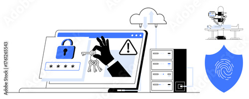 Laptop screen with hand holding keys, lock, error warning, cloud storage, server, fingerprint shield, and microscope. Ideal for cybersecurity, data protection online safety authentication digital