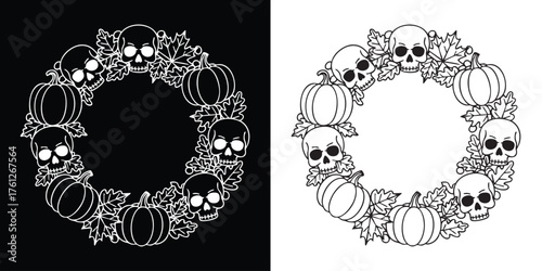 Spooky Halloween wreath with pumpkins, skulls and leaves for greeting cards or designs