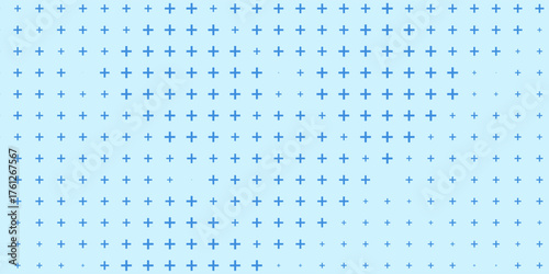Blue plus symbols of different sizes and opacity. Blue Medical Plus Pattern. Vector Illustration