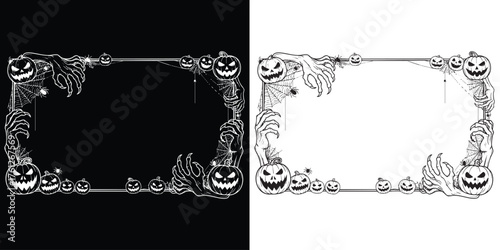 Spooky Halloween frame with pumpkins, spiders, and creepy hands for invitations