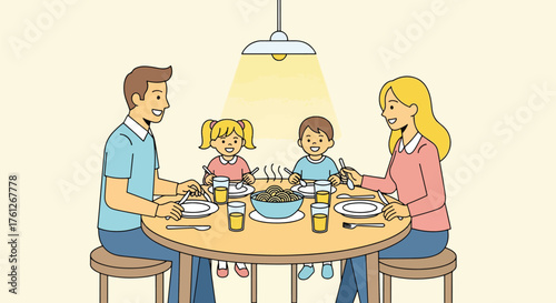 Familie isst gemeinsam Abendessen.