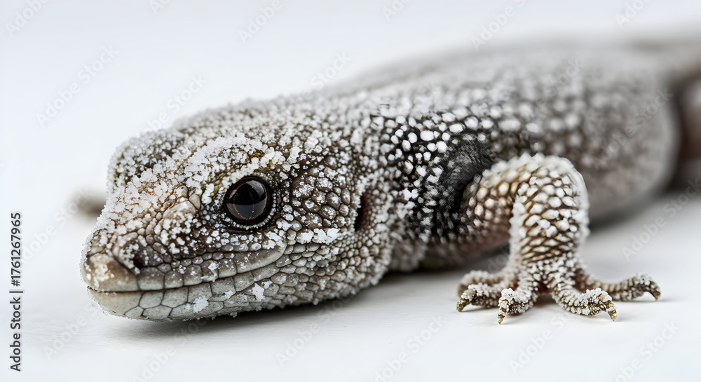 Fototapeta premium Frosty Gecko Portrait: Close-Up of a Lizard Covered in Ice Crystals on White Background