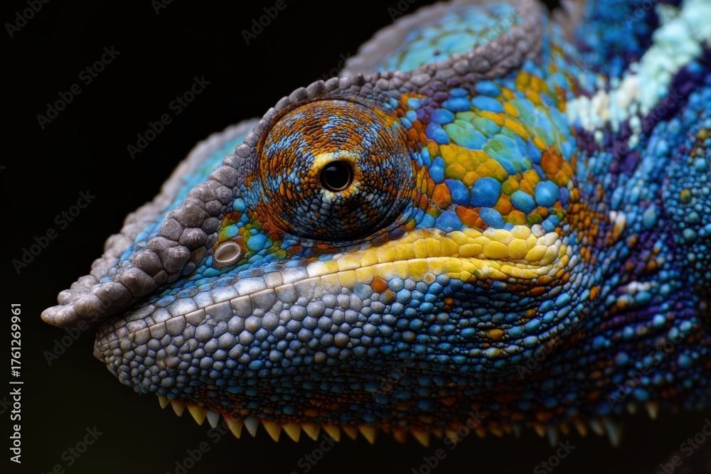 Obraz premium Macro view of a colorful chameleon's eye and vibrant skin pattern, showcasing intricate scales and detailed texture