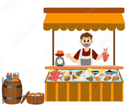 boy fishmonger sells a variety of fresh and hygienic seafood at a fish shop. Vector illustration of a seafood market stall with fresh fish products such as octopus, clams, shrimp, and lobster.