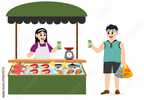 Girl fishmonger sells a variety of fresh and hygienic seafood at a fish shop. Vector illustration of a seafood market stall with fresh fish products such as octopus, clams, shrimp, and lobster.