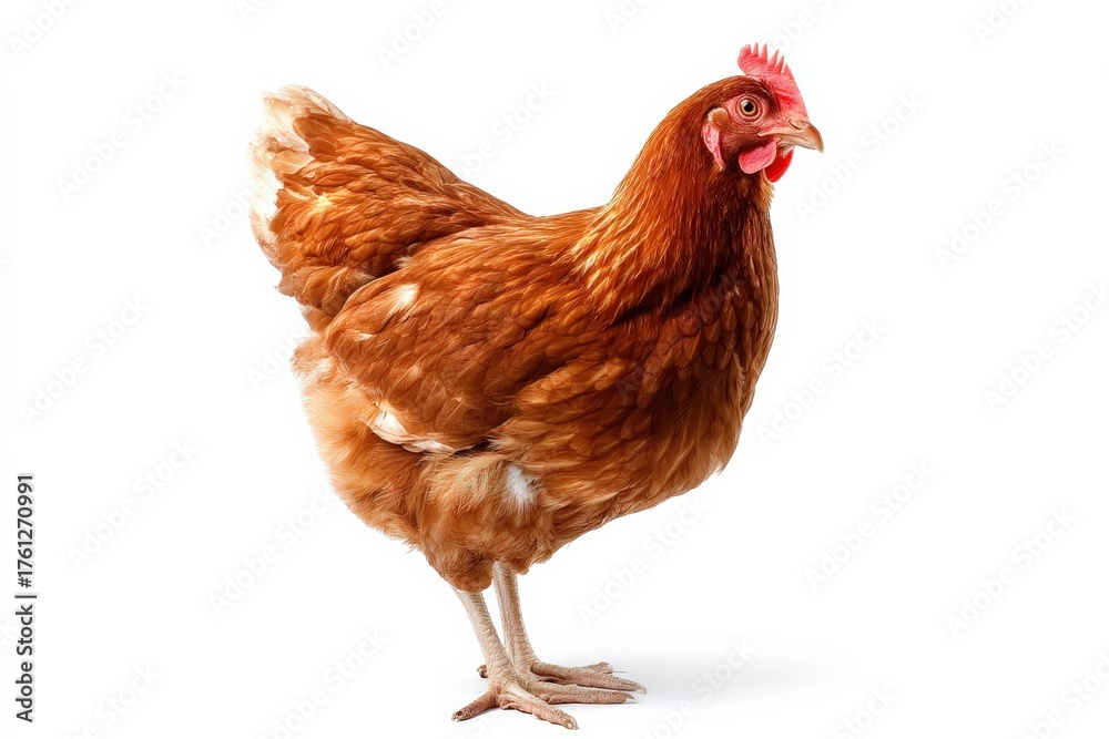Fototapeta premium Brown domestic hen, a farm animal, standing isolated on a pure white background, ready for use in design compositions