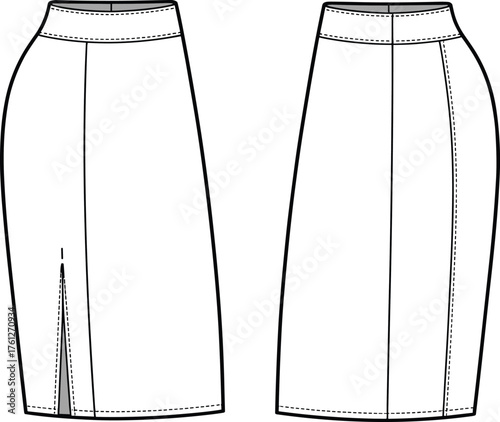 CAD drawing flat vector illustration, technical fashion sketch, pencil skirt front back view, garment design template, apparel construction detail