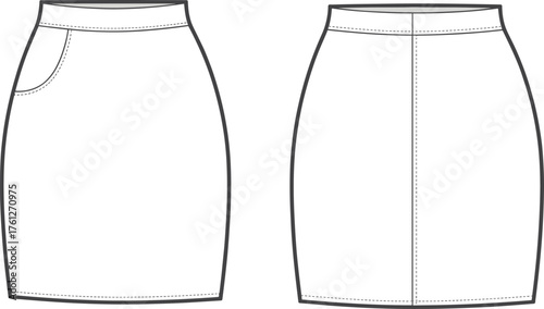 CAD drawing flat vector illustration, technical fashion sketch, skirt front back view, garment design template, pocket detail, apparel construction