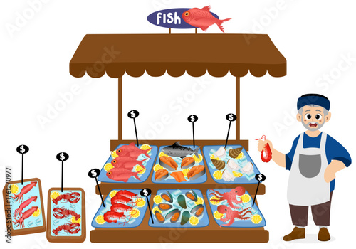 boy fishmonger sells a variety of fresh and hygienic seafood at a fish shop. Vector illustration of a seafood market stall with fresh fish products such as octopus, clams, shrimp, and lobster.
