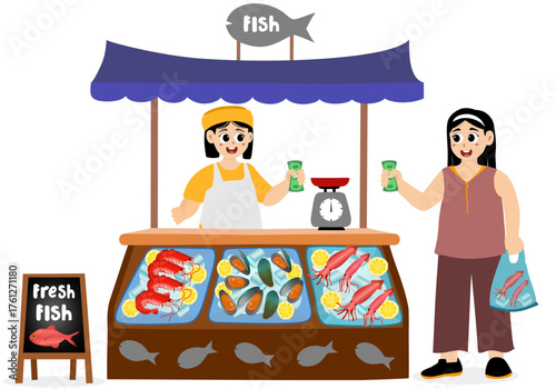 Girl fishmonger sells a variety of fresh and hygienic seafood at a fish shop. Vector illustration of a seafood market stall with fresh fish products such as octopus, clams, shrimp, and lobster.