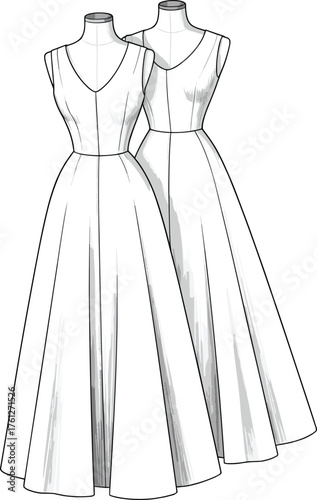 Elegant sleeveless dresses on dress forms, bridal fashion sketch, pleated skirt design, formal wear illustration, cad drawing flat vector illustration