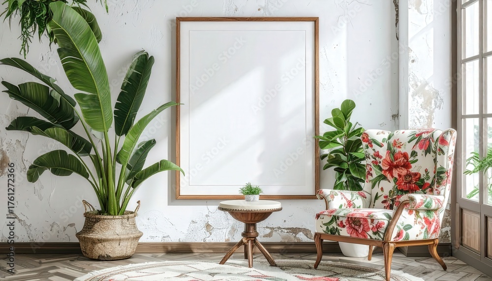 Fototapeta premium Elegant Living Room Interior with Blank Frame and Floral Armchair.