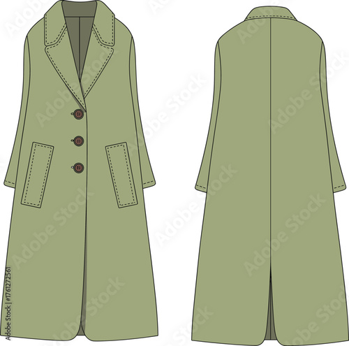 Long olive green overcoat front and back view, fashion technical sketch, tailored garment design, cad drawing flat vector illustration