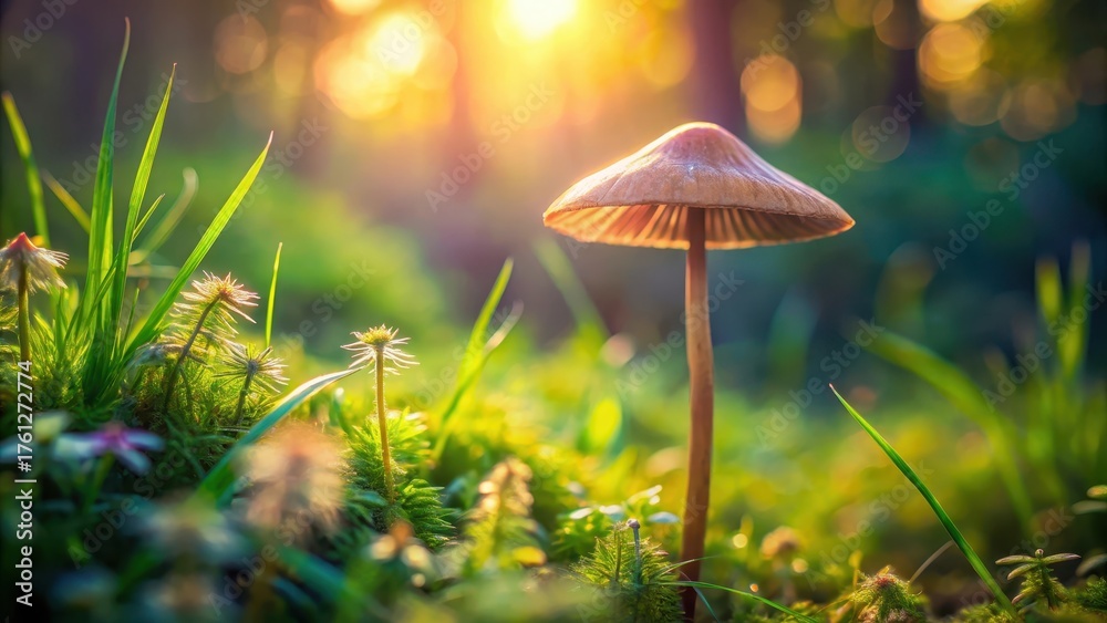 Fototapeta premium Golden Hour Fungus in a Verdant Meadow, Illuminated by Sunlight Filtering Through the Canopy