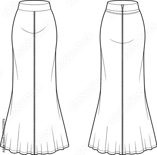 Mermaid skirt technical sketch, front and back view, curved seams, scalloped hem, fashion design, cad drawing flat vector illustration