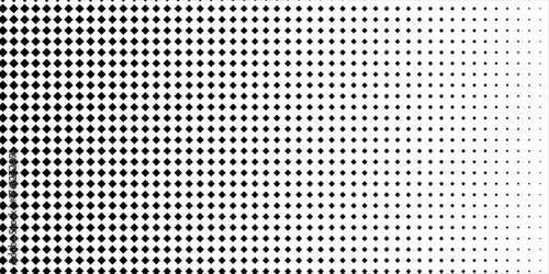 Squared halftone texture background. Check dot faded gradation wallpaper. Black and white diamond pixels. Abstract glitchy 8 bit video game backdrop. Vector comic bitmap dither screen tone overlay.