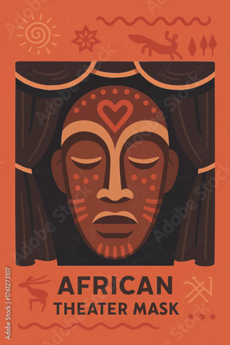 Flat vector of African mask theater with symbolic backdrop
