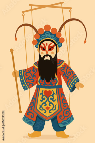 Flat vector of Chinese opera puppetry with dramatic costume
