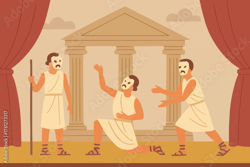 Flat vector of Greek tragedy stage with performers in classic masks