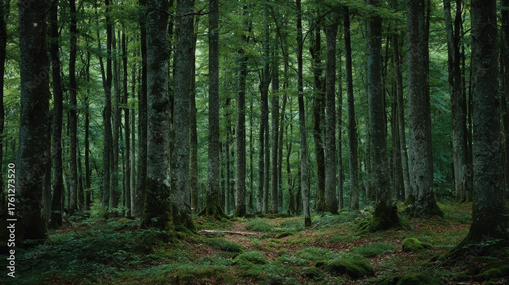 Obraz premium dark green beech stand growe texture in summer forest tree trunks in shadows no logos no brands ar 169