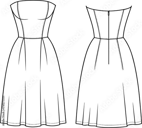 Strapless dress technical fashion sketch, front and back view, princess seam, flared skirt, garment construction, cad drawing flat vector illustration