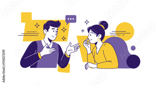 Two people, a man and a woman, engaged in a lively conversation with speech bubbles and gestures in a modern flat illustration style.